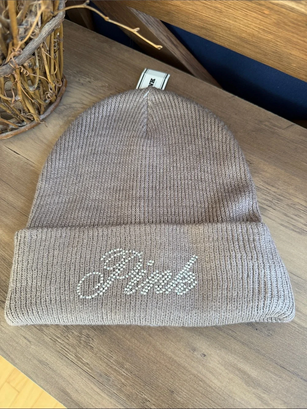 PINK Victoria's Secret Taupe Ribbed Beanie with Crystal Script